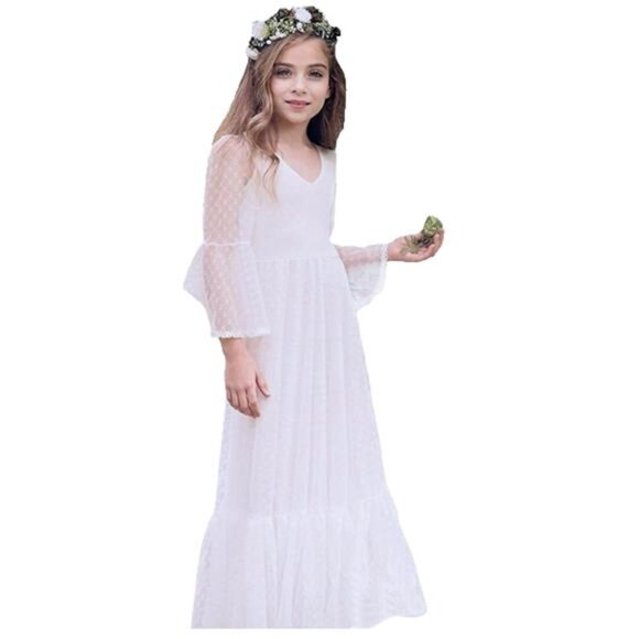 NEW- Boho-Chic Flower Girl Dress Off-White Lace- Youth Girl's 13-14